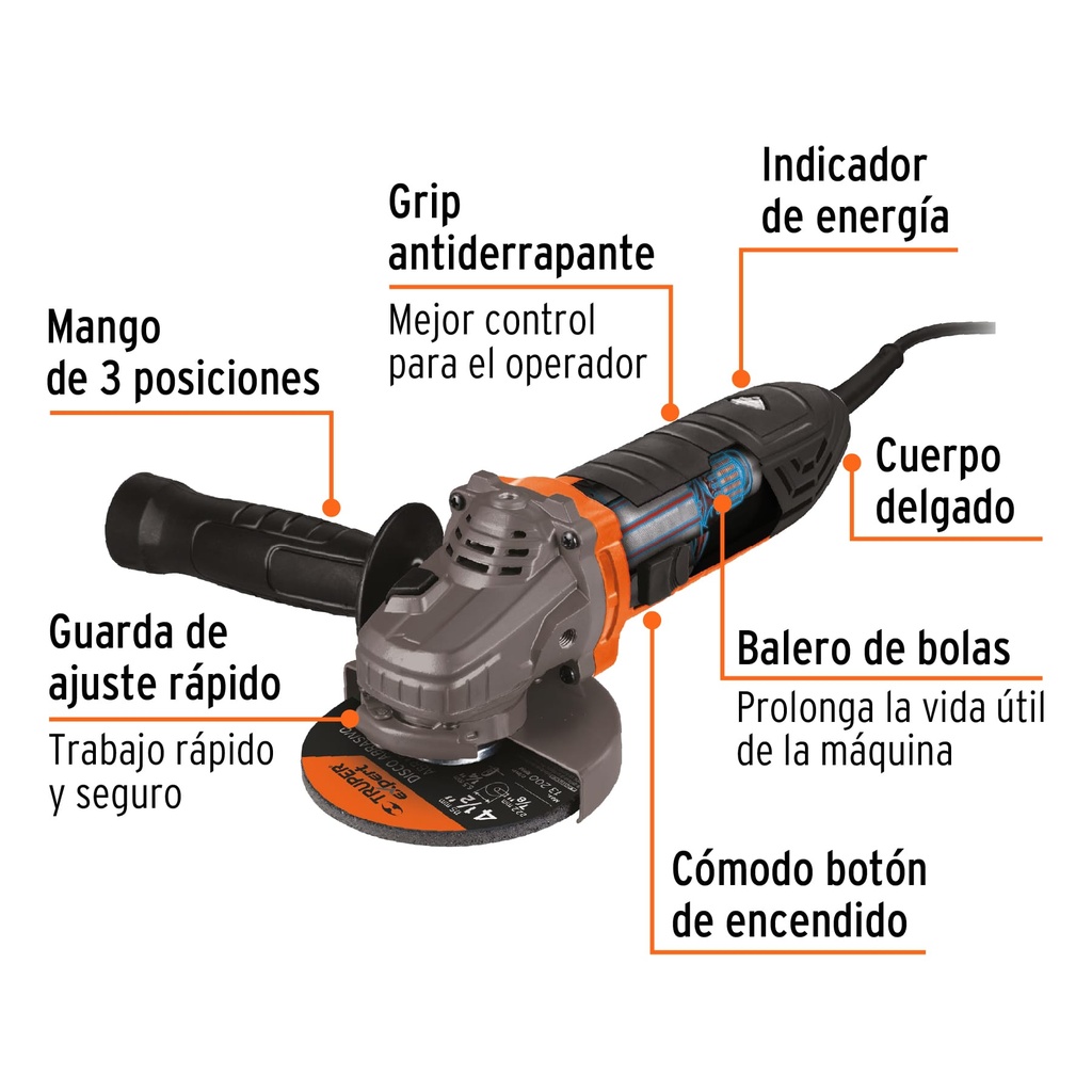 AMOLADORA ERGO PRO 4-1/2" DE 850W, 220V TRUPER